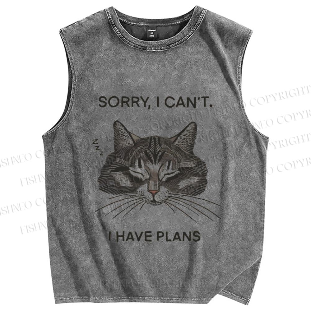Unisex Sorry I Have Plans Sleepy Cat Printed Washed Tank Top