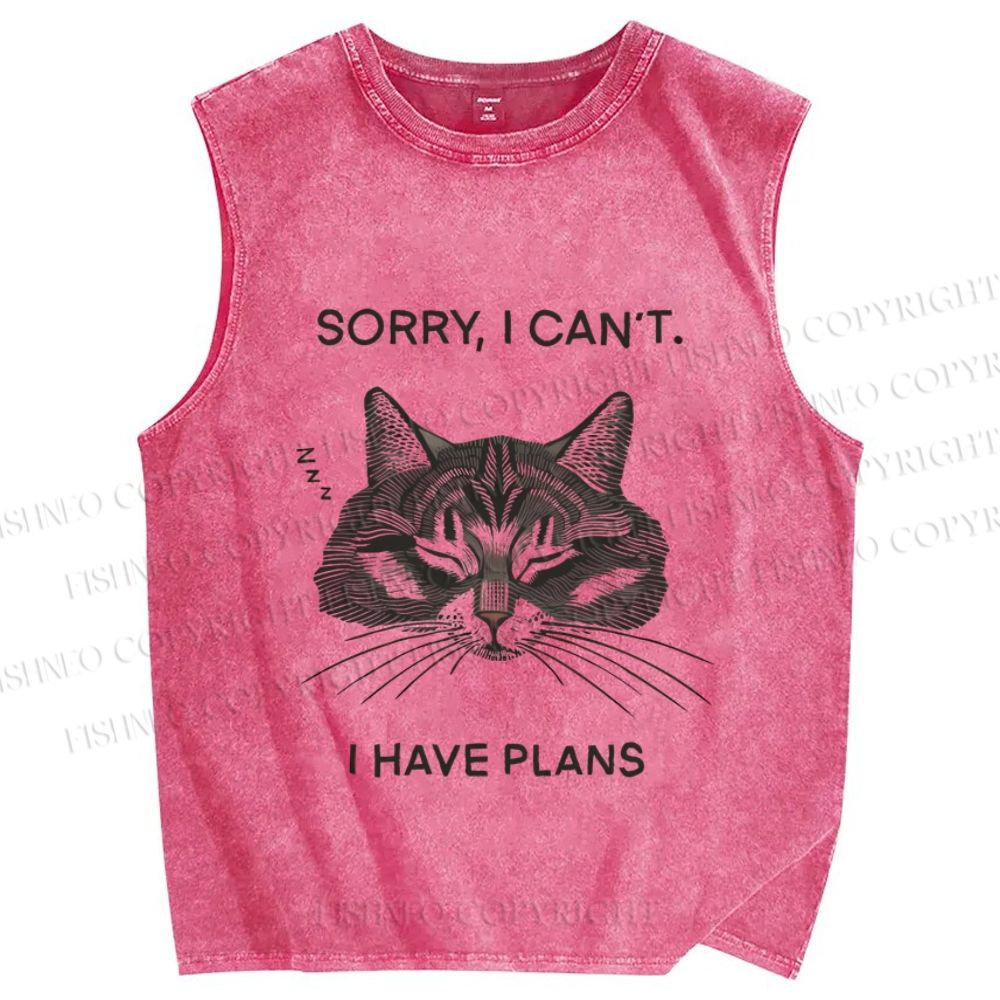 Unisex Sorry I Have Plans Sleepy Cat Printed Washed Tank Top