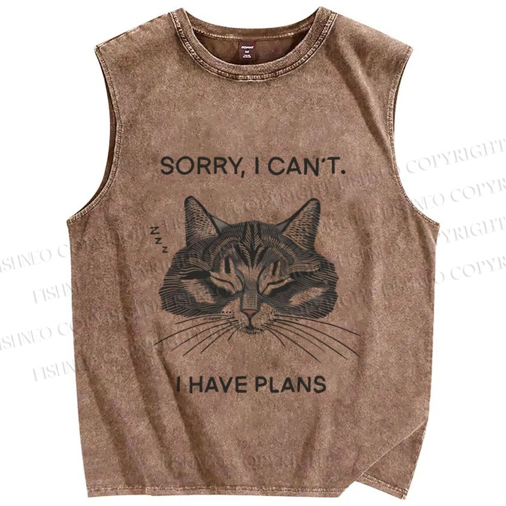 Unisex Sorry I Have Plans Sleepy Cat Printed Washed Tank Top