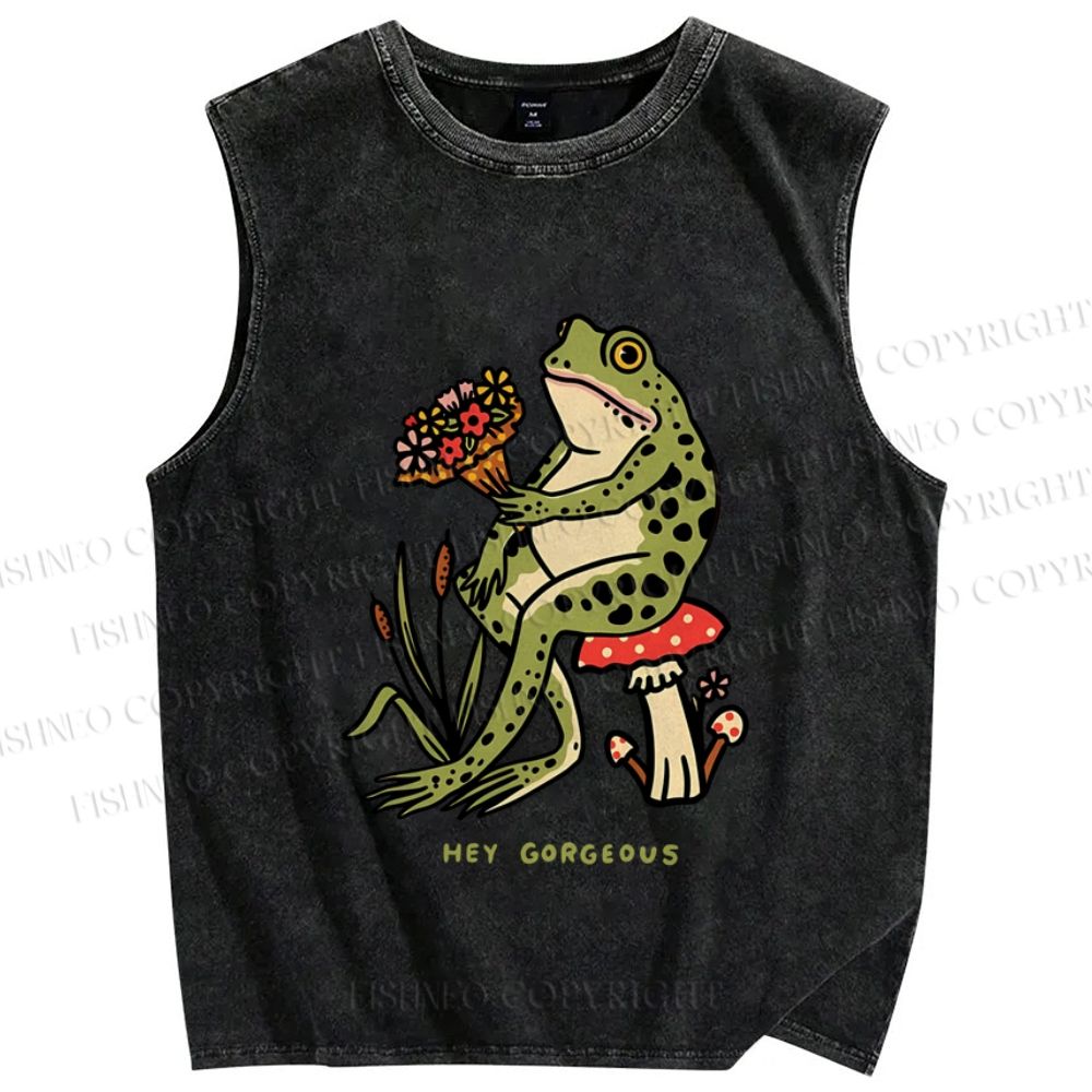 Unisex Hey Gogreous Frog Printed Washed Tank Top