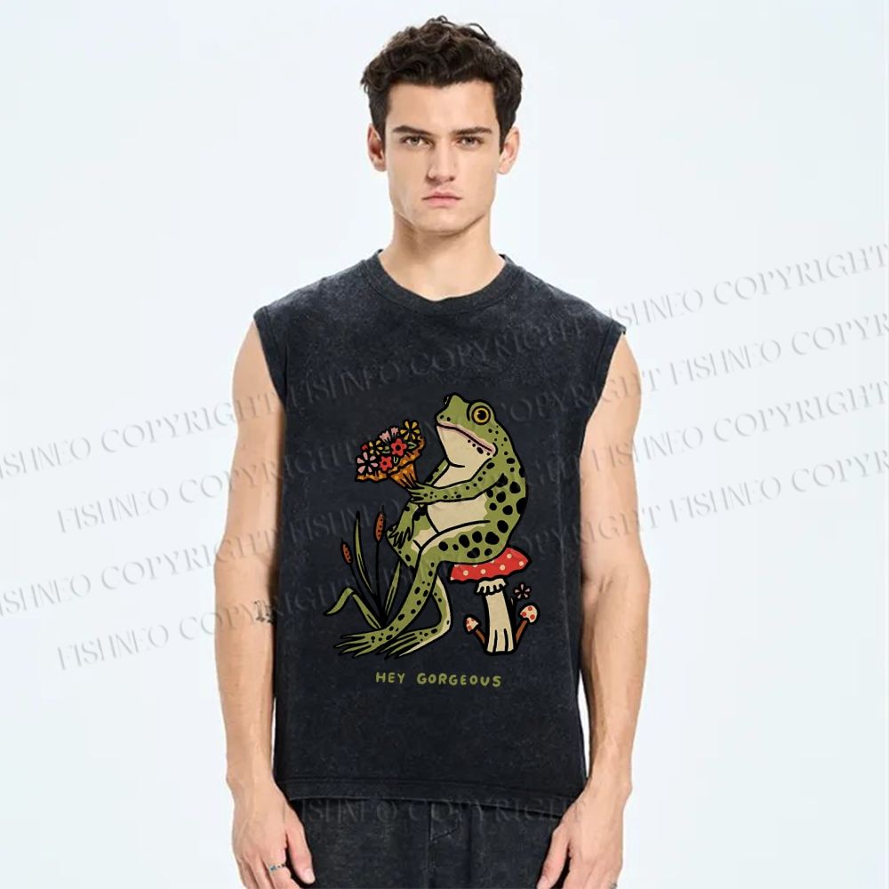 Unisex Hey Gogreous Frog Printed Washed Tank Top