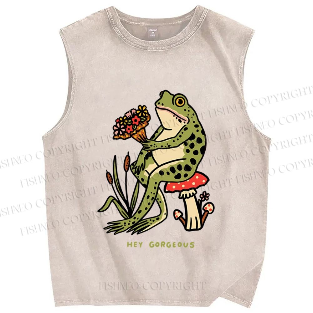 Unisex Hey Gogreous Frog Printed Washed Tank Top