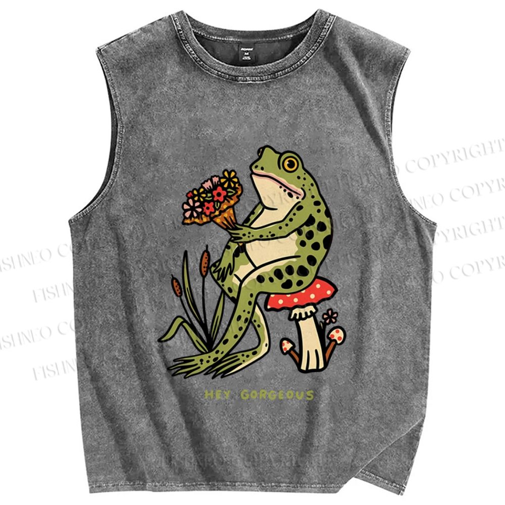 Unisex Hey Gogreous Frog Printed Washed Tank Top