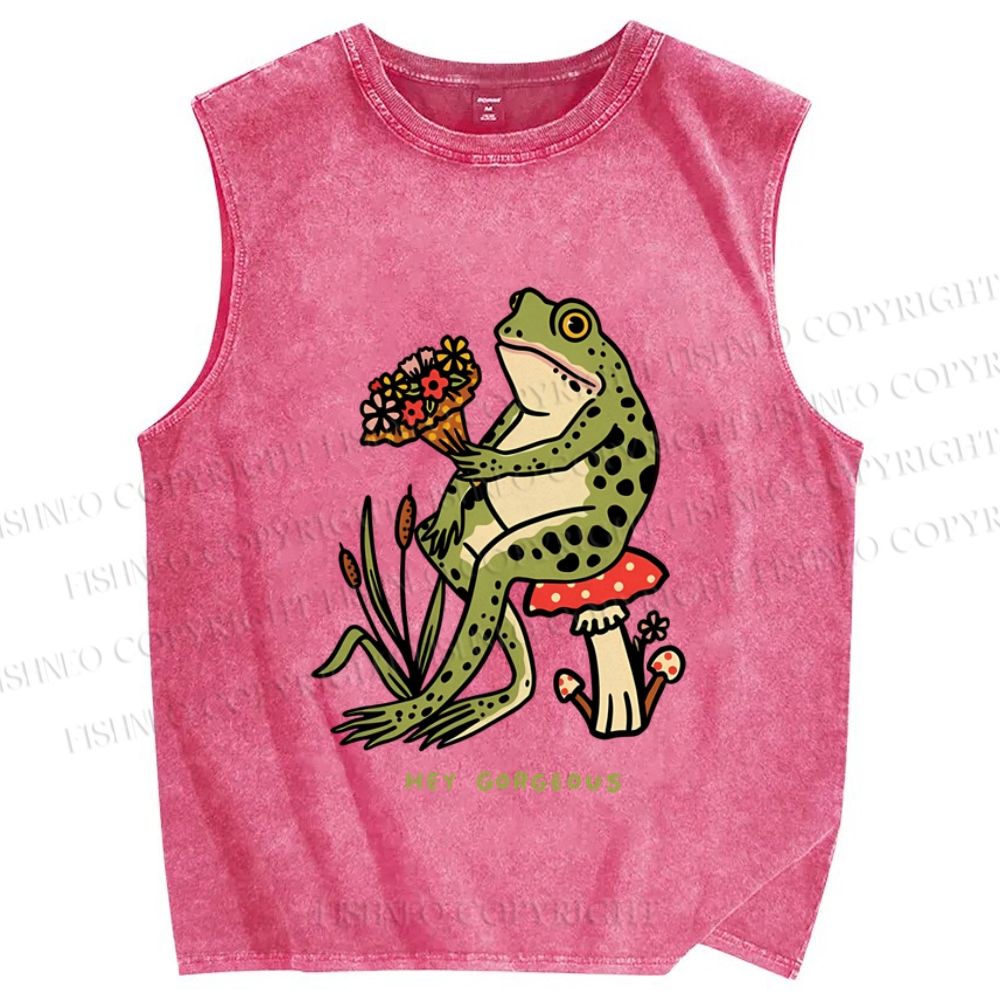 Unisex Hey Gogreous Frog Printed Washed Tank Top
