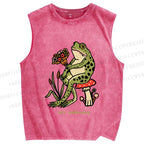 Unisex Hey Gogreous Frog Printed Washed Tank Top