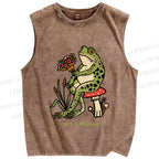 Unisex Hey Gogreous Frog Printed Washed Tank Top