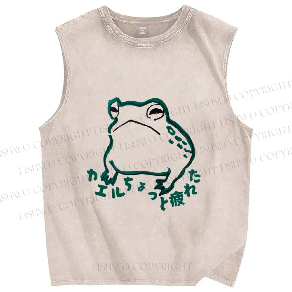 Unisex Vintage Frog A Little Bit Of Tired Printed Washed Tank Top