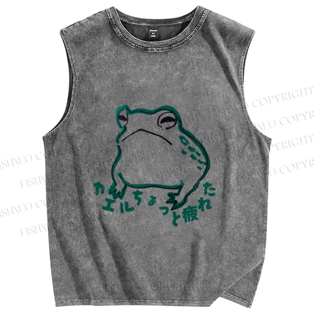 Unisex Vintage Frog A Little Bit Of Tired Printed Washed Tank Top