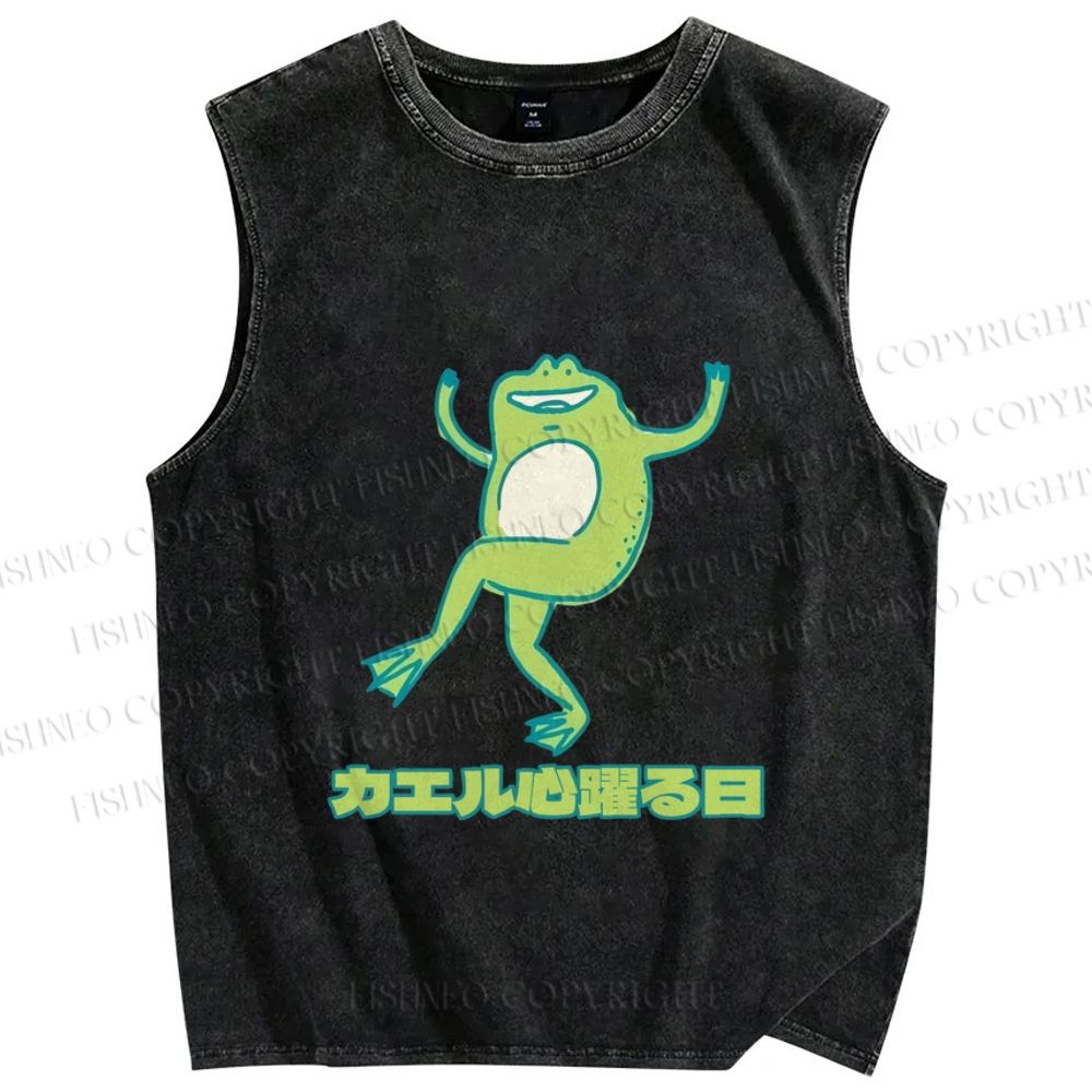 Unisex Dancing Frog In Good Mood Printed Washed Tank Top