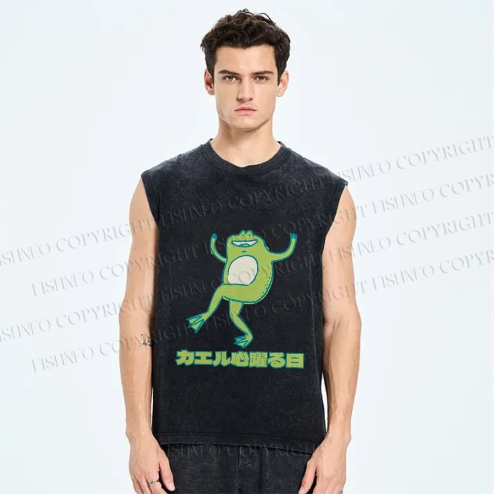 Unisex Dancing Frog In Good Mood Printed Washed Tank Top