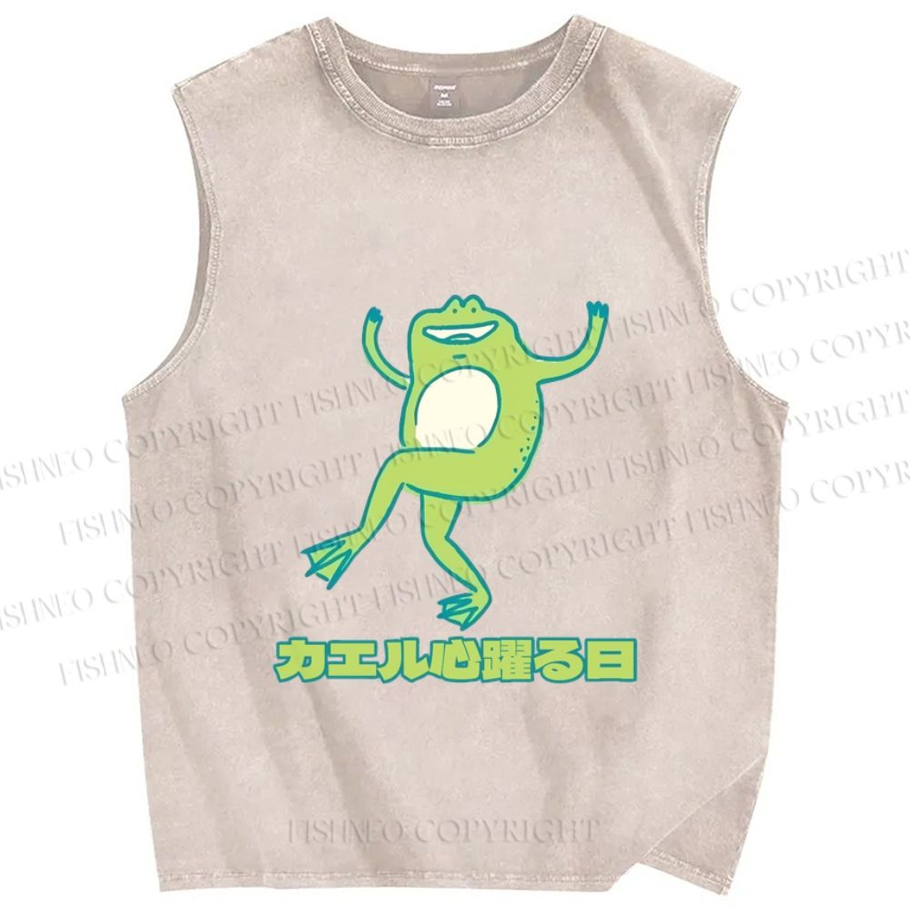 Unisex Dancing Frog In Good Mood Printed Washed Tank Top
