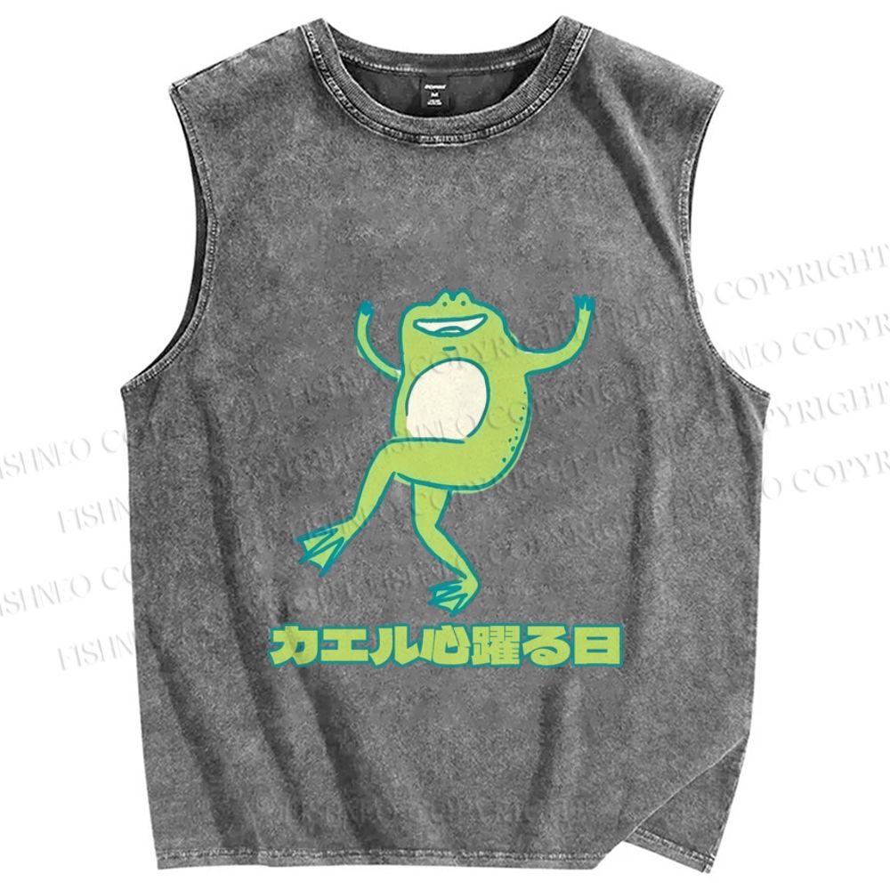 Unisex Dancing Frog In Good Mood Printed Washed Tank Top