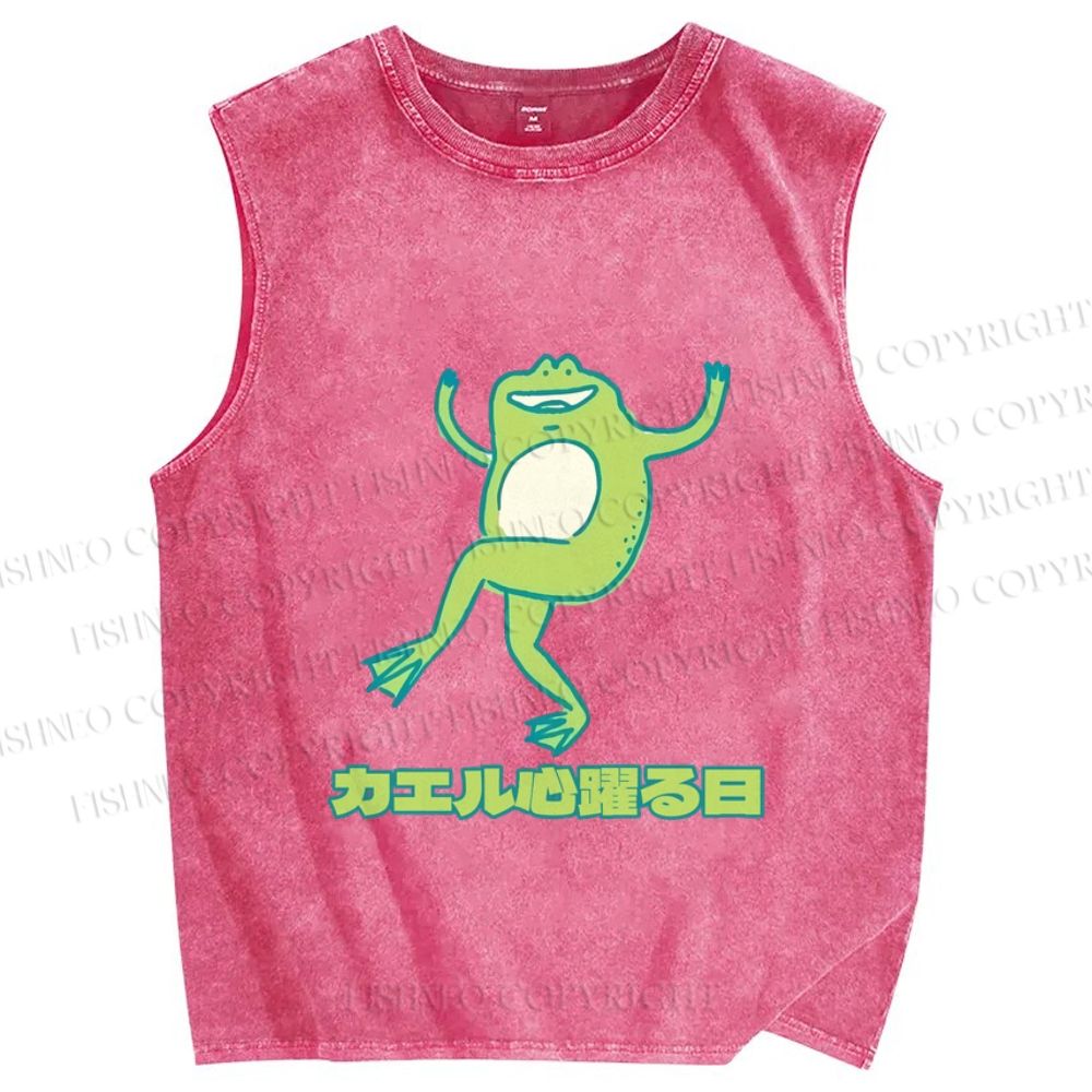 Unisex Dancing Frog In Good Mood Printed Washed Tank Top