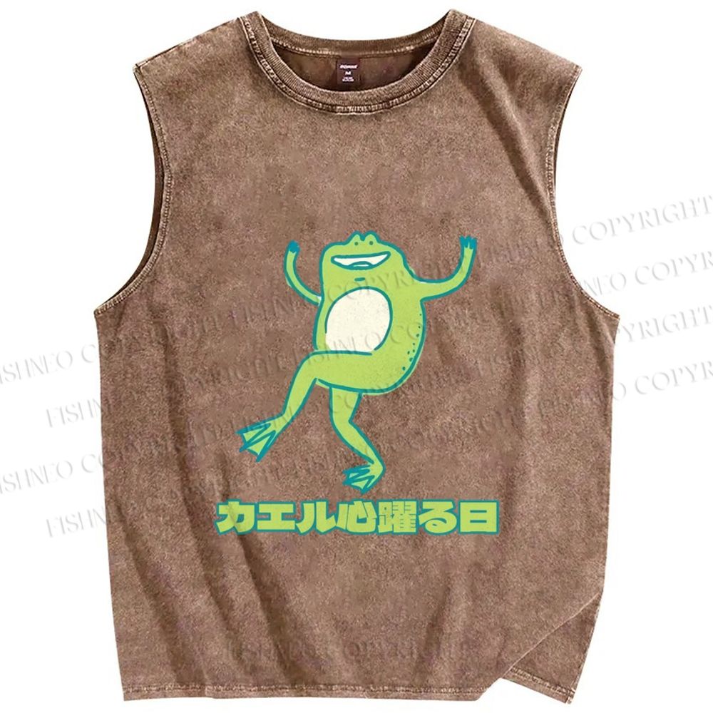 Unisex Dancing Frog In Good Mood Printed Washed Tank Top