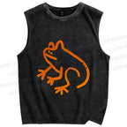 Unisex Orange Frog Printed Washed Tank Top