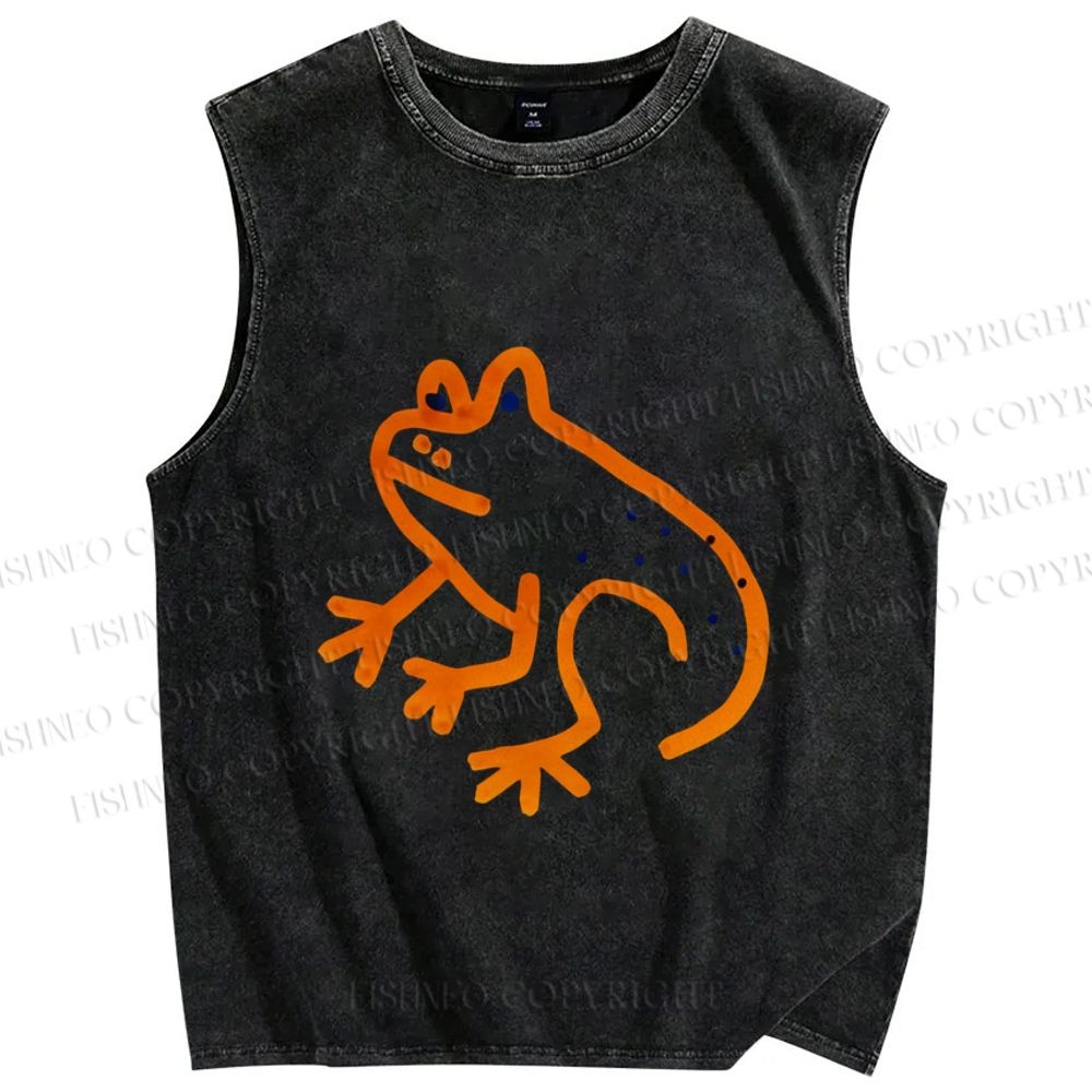 Unisex Orange Frog Printed Washed Tank Top