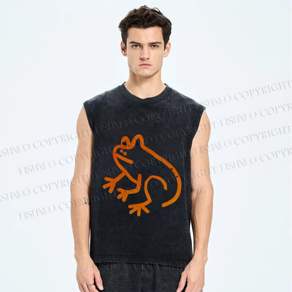 Unisex Orange Frog Printed Washed Tank Top