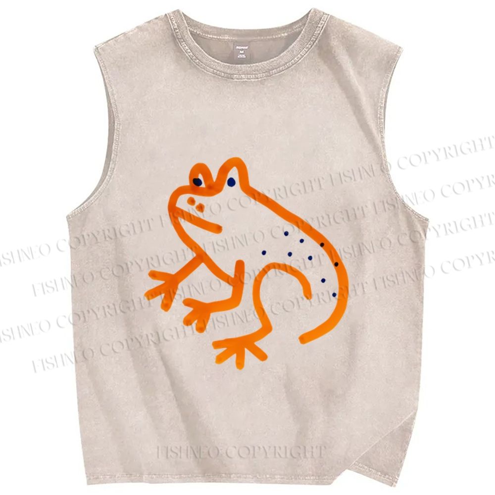 Unisex Orange Frog Printed Washed Tank Top