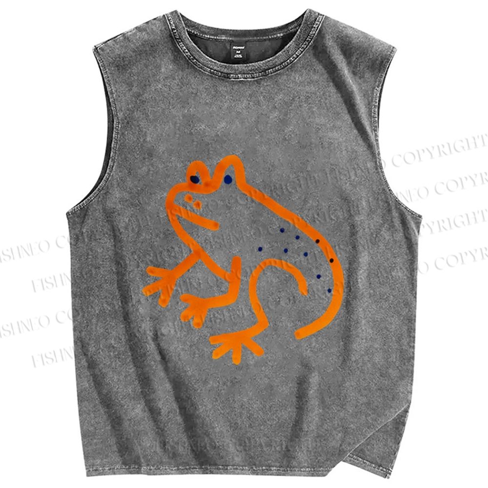 Unisex Orange Frog Printed Washed Tank Top