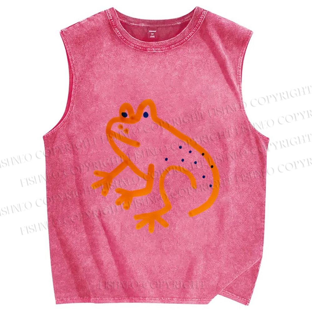 Unisex Orange Frog Printed Washed Tank Top