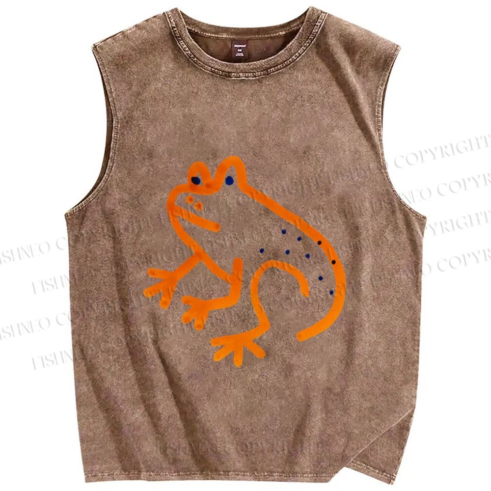 Unisex Orange Frog Printed Washed Tank Top