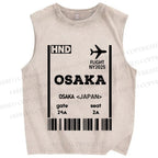 Unisex Osaka Boarding Card Vintage Printed Washed Tank Top