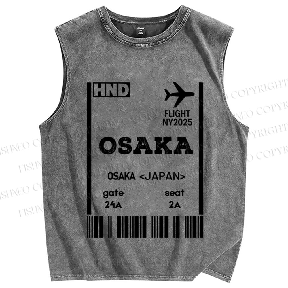 Unisex Osaka Boarding Card Vintage Printed Washed Tank Top
