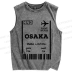 Unisex Osaka Boarding Card Vintage Printed Washed Tank Top