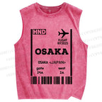 Unisex Osaka Boarding Card Vintage Printed Washed Tank Top