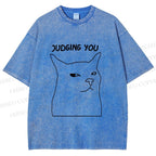 Unisex Funny Cat Judging You Printed Washed Tee