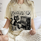 Unisex Music Cat Play Piano Printed Washed Tee