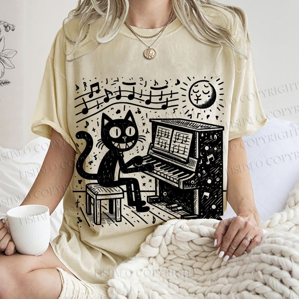 Unisex Music Cat Play Piano Printed Washed Tee