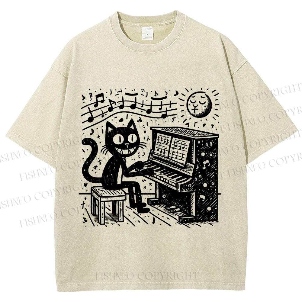Unisex Music Cat Play Piano Printed Washed Tee