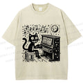 Unisex Music Cat Play Piano Printed Washed Tee