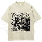 Unisex Music Cat Play Piano Printed Washed Tee