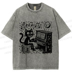 Unisex Music Cat Play Piano Printed Washed Tee