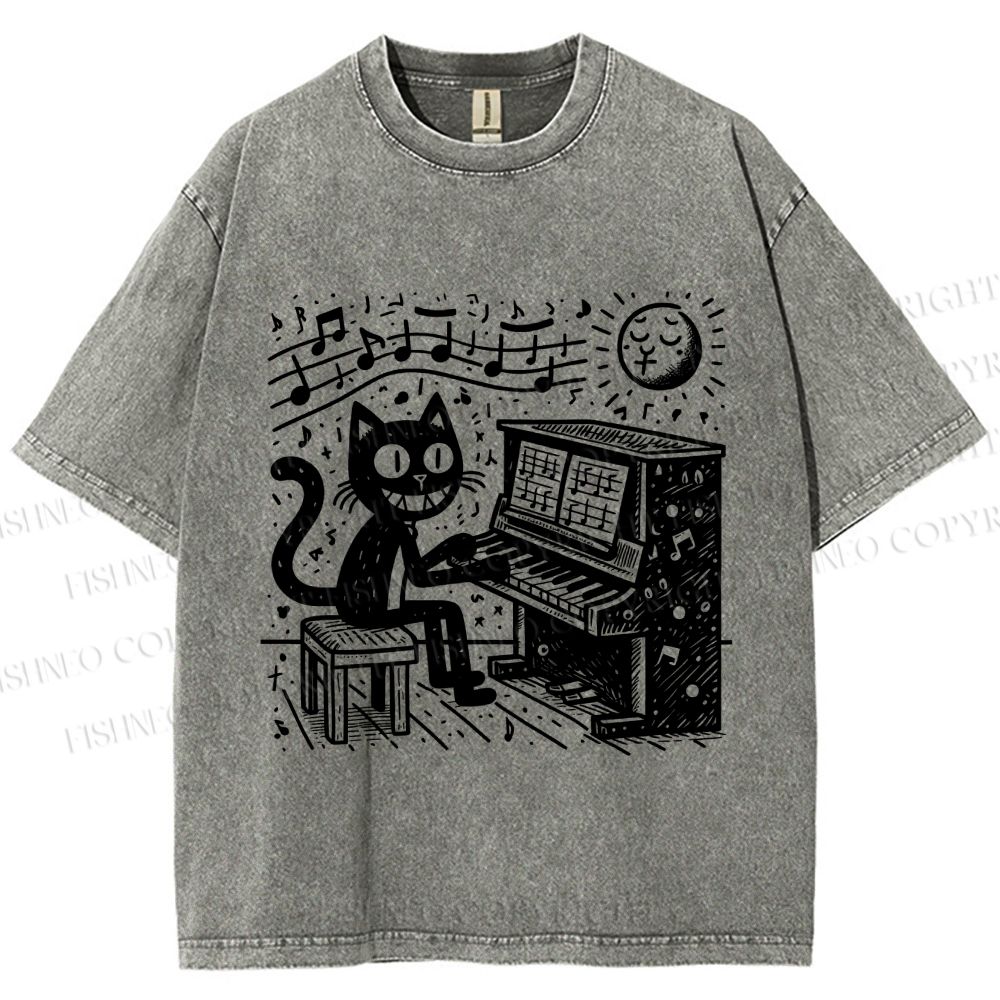 Unisex Music Cat Play Piano Printed Washed Tee