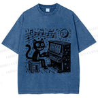 Unisex Music Cat Play Piano Printed Washed Tee