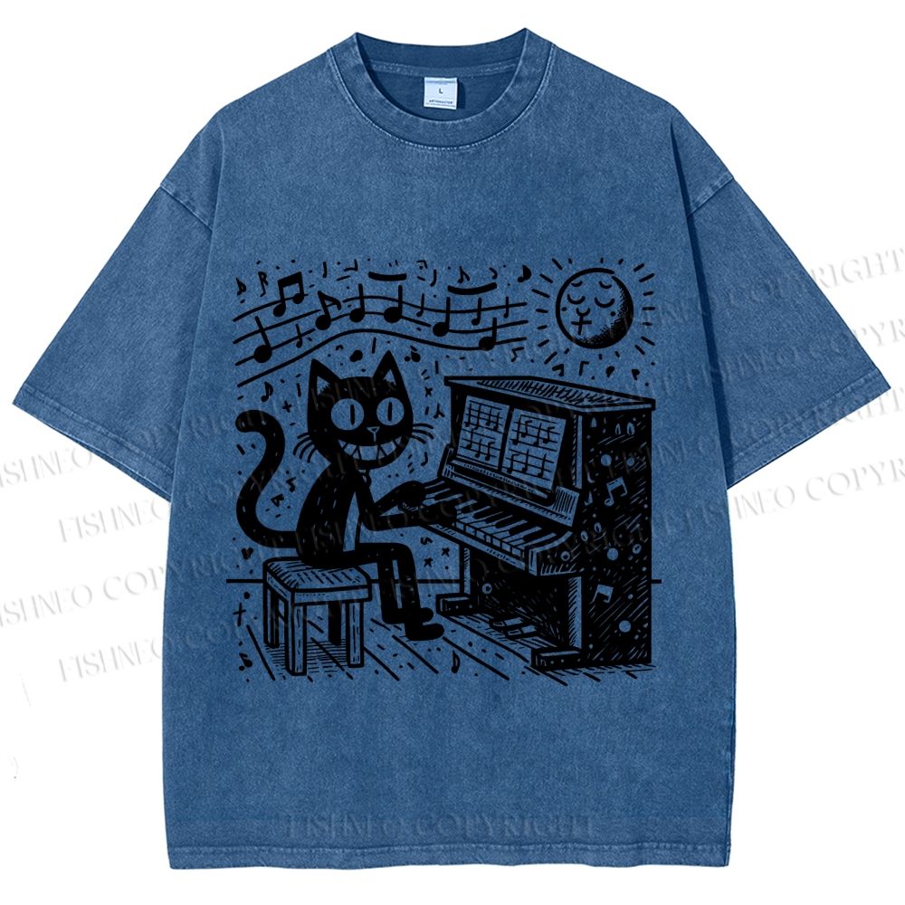 Unisex Music Cat Play Piano Printed Washed Tee