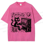 Unisex Music Cat Play Piano Printed Washed Tee