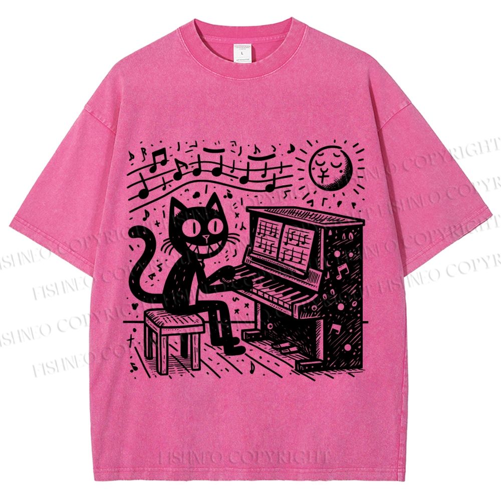 Unisex Music Cat Play Piano Printed Washed Tee