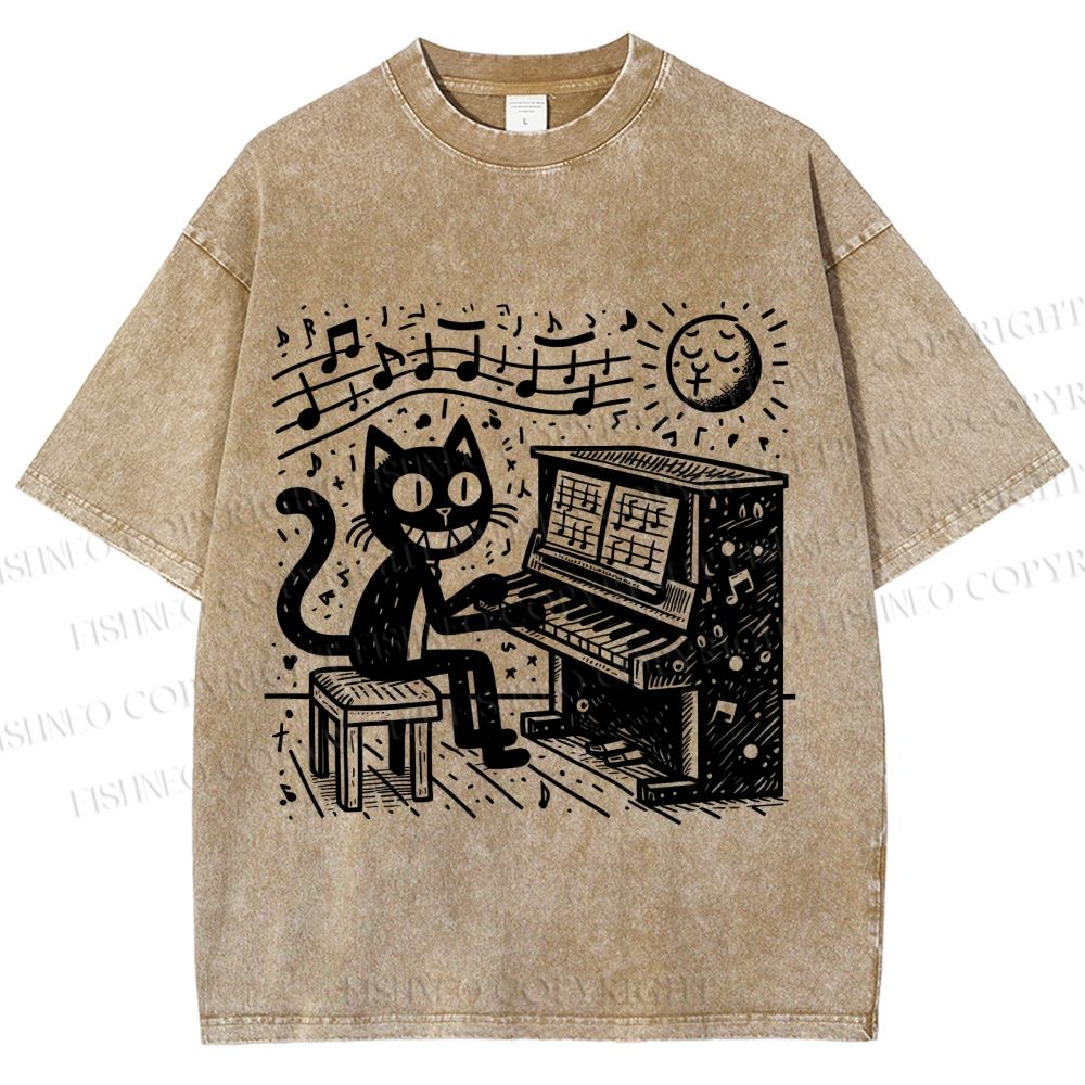 Unisex Music Cat Play Piano Printed Washed Tee