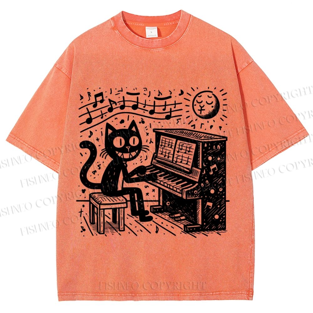 Unisex Music Cat Play Piano Printed Washed Tee