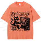 Unisex Music Cat Play Piano Printed Washed Tee