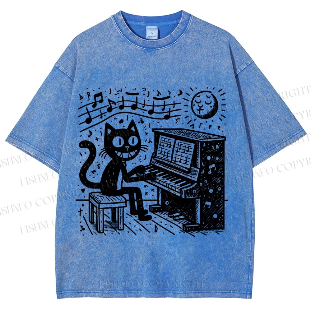 Unisex Music Cat Play Piano Printed Washed Tee