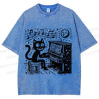 Unisex Music Cat Play Piano Printed Washed Tee