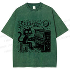 Unisex Music Cat Play Piano Printed Washed Tee