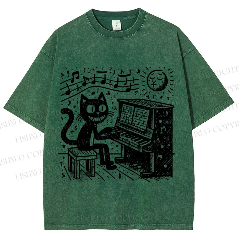 Unisex Music Cat Play Piano Printed Washed Tee