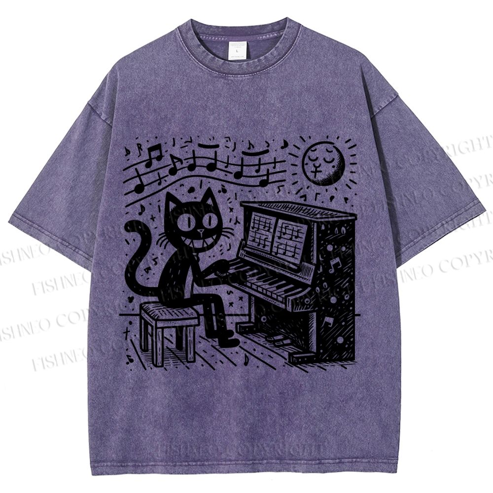 Unisex Music Cat Play Piano Printed Washed Tee
