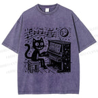 Unisex Music Cat Play Piano Printed Washed Tee